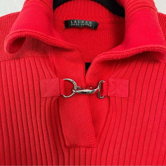 Lauren Ralph Lauren Women's Red V-Neck Ribbed Sweater Horsebit Clasp Size Medium - Picture 5 of 7